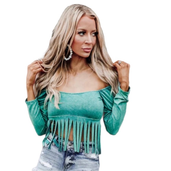 Turquoise 💙Mineral Dyed Fringe Crop Top -PLEASE READ DESCRIPTION ⬇️ - Picture 2 of 14